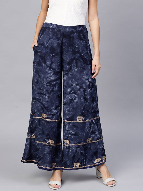 Women's  Navy Blue & Golden Printed Hem Design Wide Leg Palazzos - AKS