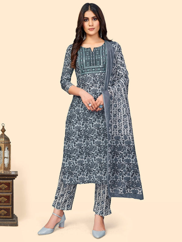 Women's Print & Embroidered Straight Cotton Grey Stitched Kurta Pant With Dupatta - Vbuyz