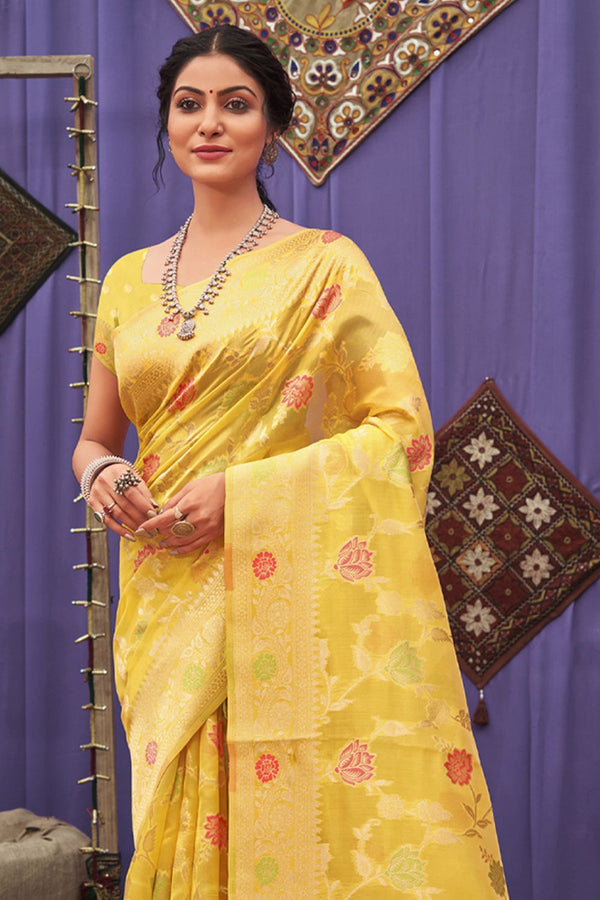 Women's Yellow Organza Woven Zari Work Traditional Tassle Saree - Sangam Prints