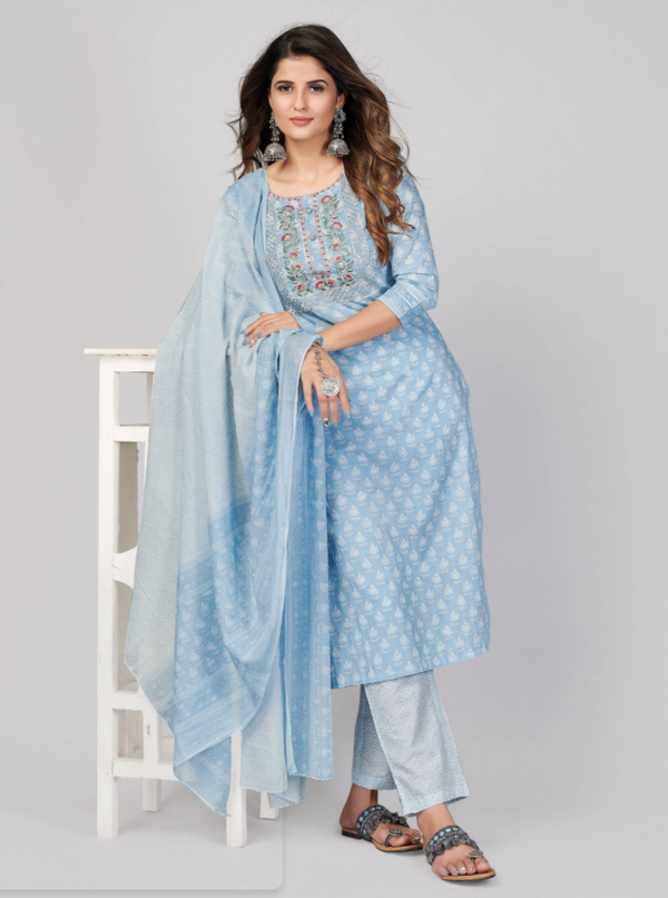 Women's Printed & Embroidered Straight Cotton Sky Blue Stitched Kurta Pant With Dupatta (3Pcs Set) - Vbuyz