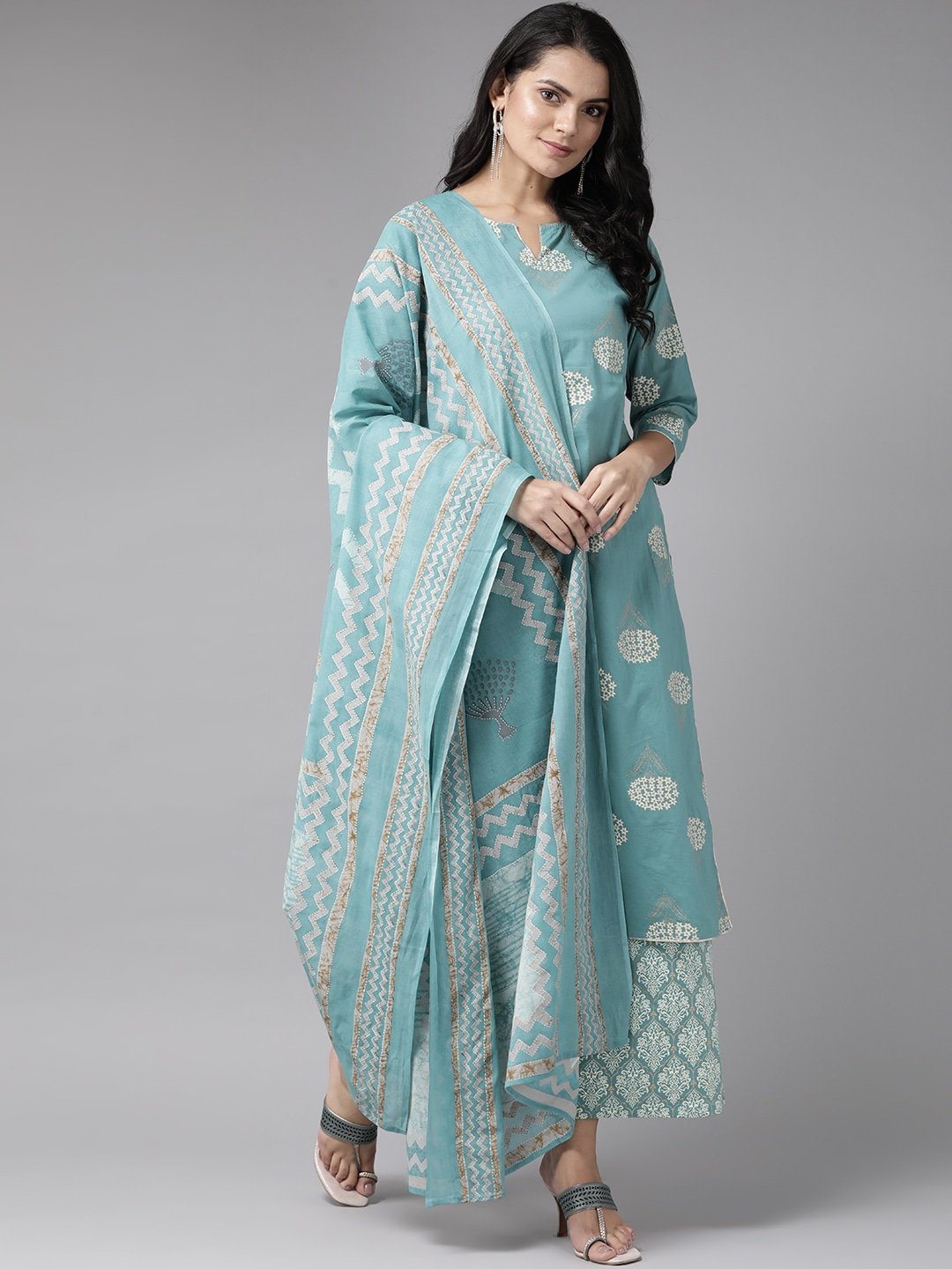 Women's Blue & Off-White Printed Kurta Set - Yufta