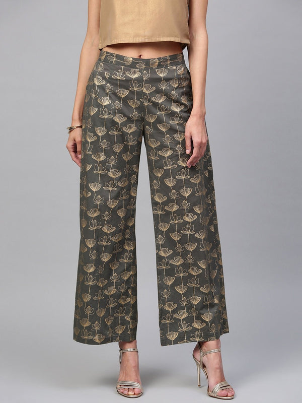 Women's  Grey & Golden Printed Straight Palazzos - AKS