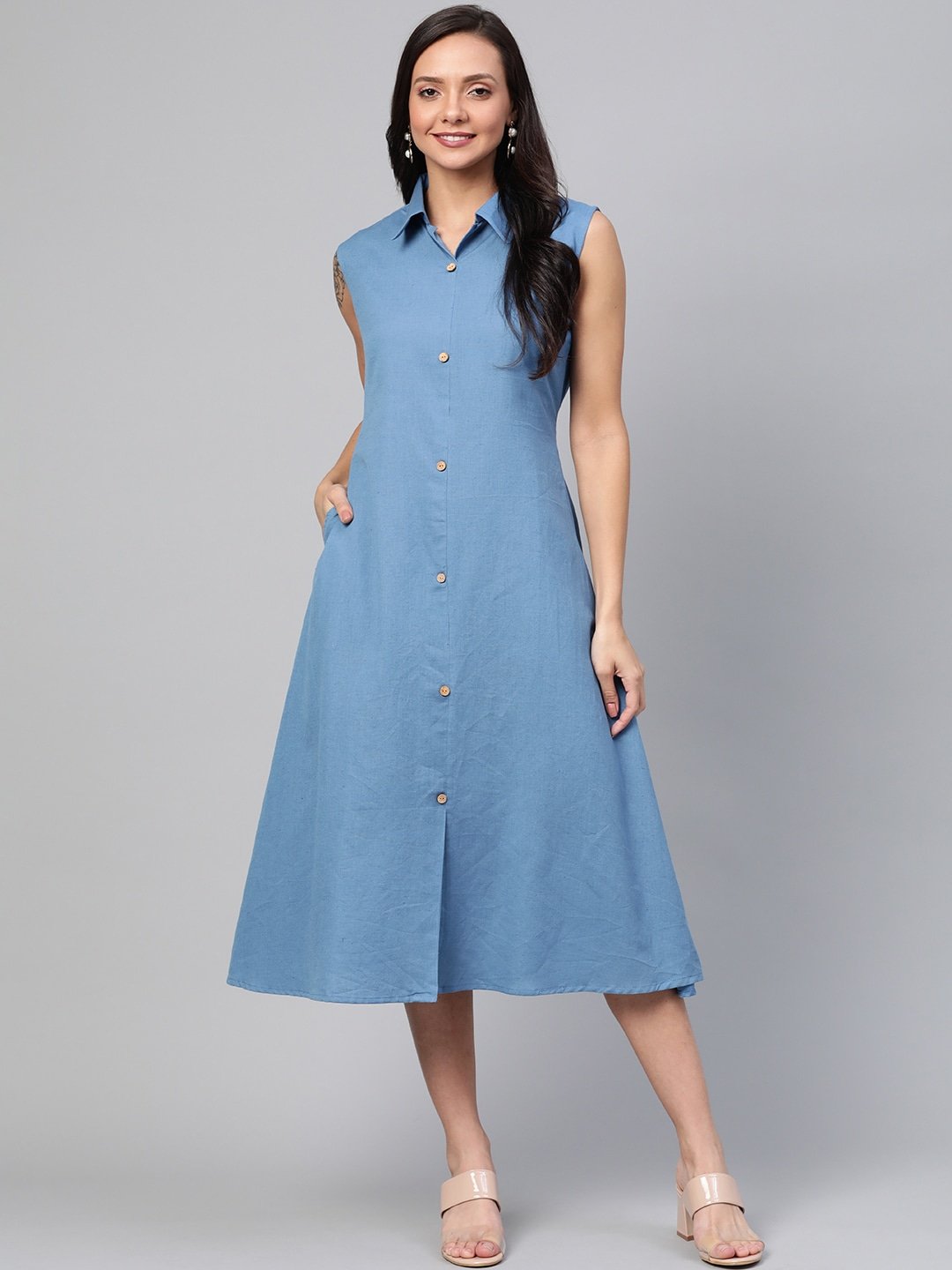 Women's Blue Solid Dress - Yufta