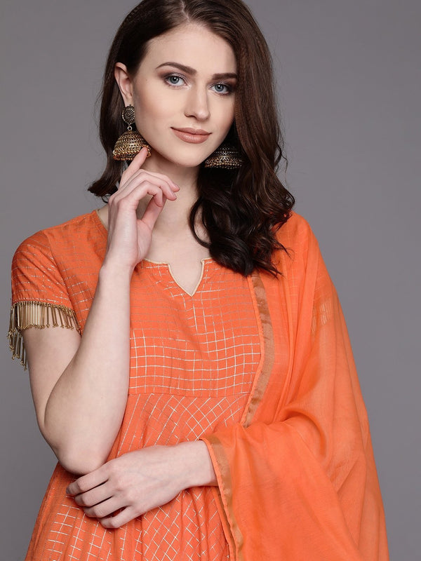 Women's  Orange & Golden Checked Kurta with Palazzos & Dupatta - AKS