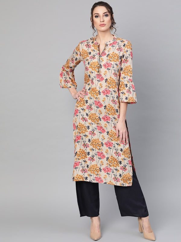 Women's  Cream-Coloured & Navy Blue Printed Kurta with Palazzos - AKS