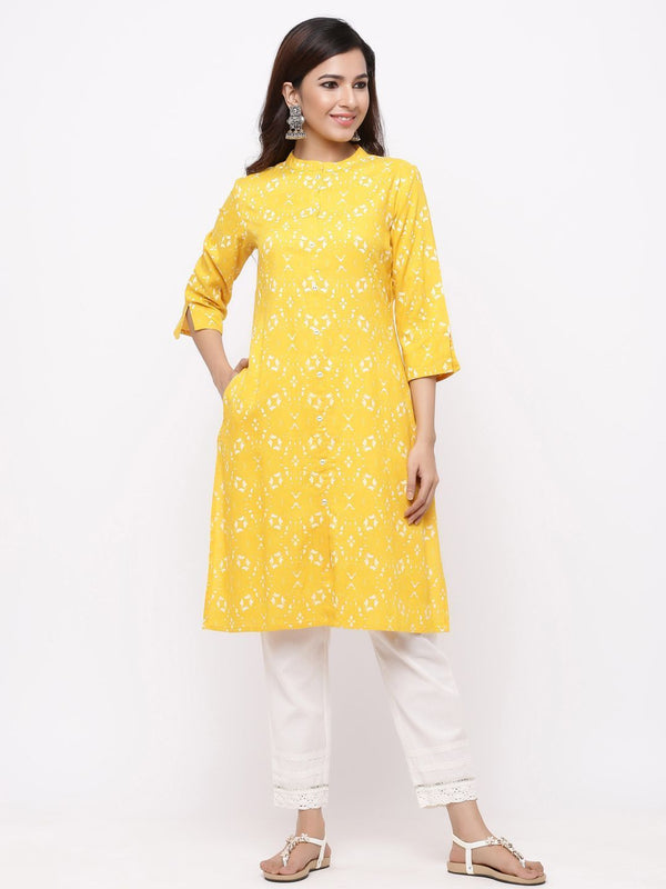 Women's Yellow Rayon Printed A-Line Kurta - Juniper