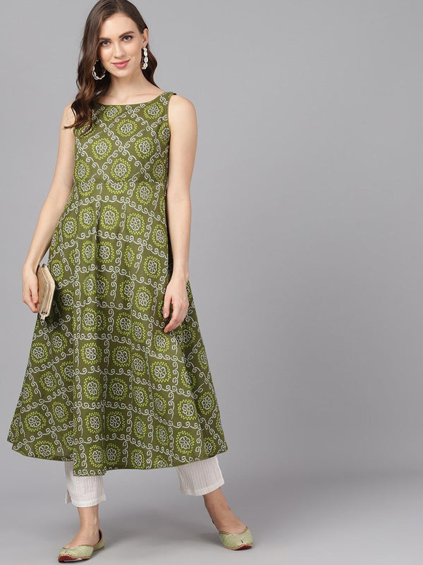 Women's  Olive Green & White Printed Anarkali Kurta - AKS