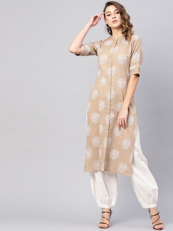 Women's  Beige & White Khari Print Straight Kurta - AKS