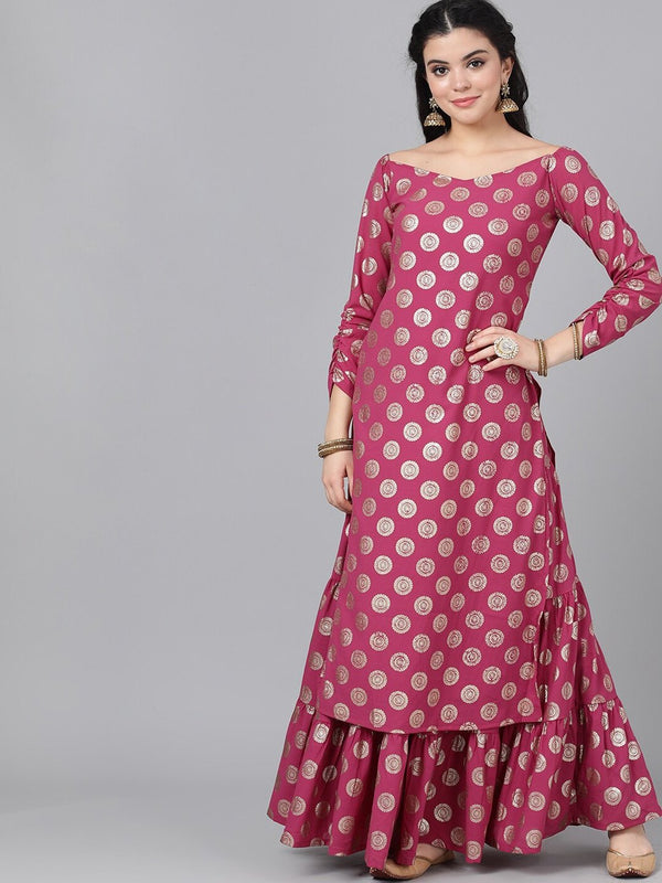 Women's  Magenta & Gold Foil Print Off-Shoulder Straight Kurta - AKS