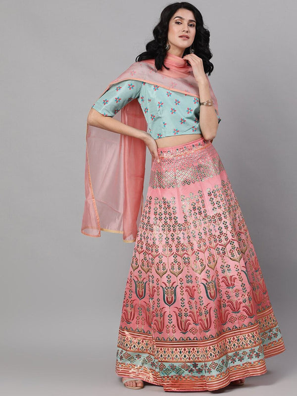 Women's Peach-Coloured & Sea Green Printed Ready to Wear Lehenga & Blouse with Dupatta -AKS