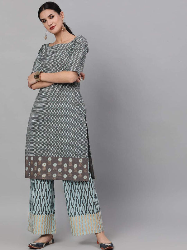 Women's  Grey & Blue Printed Kurta with Palazzos - AKS