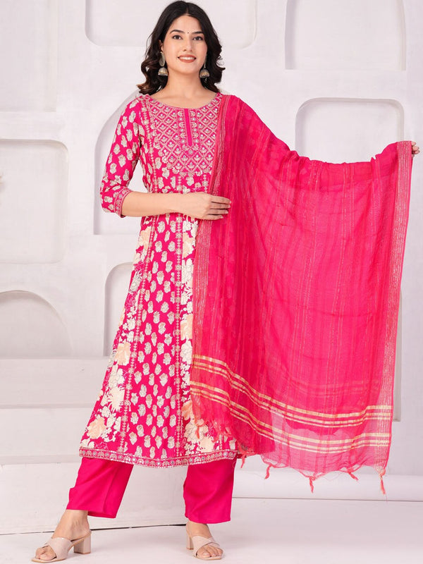 Women's Floral Printed Regular Thread Work Kurta with Palazzos & With Dupatta - Taantav