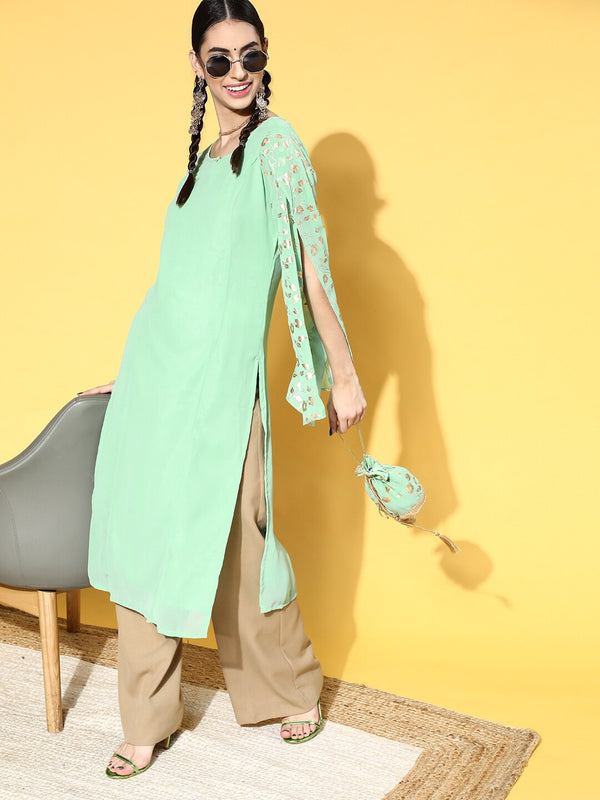 Women's Sea Green Gold Foil Print Kurta With Potli Bag - Aks