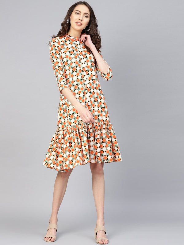 Women's Orange & White Printed Dress - Yufta