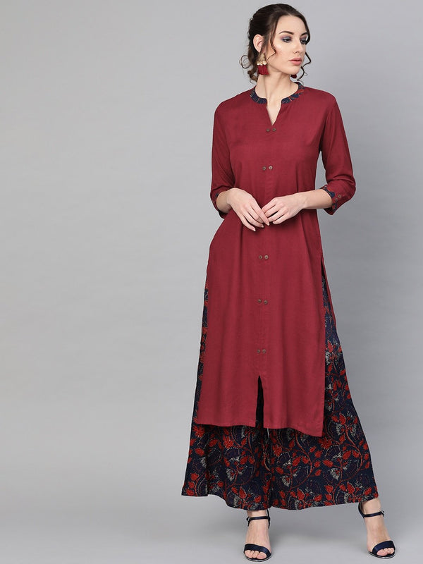 Women's  Maroon & Navy Blue Solid Kurta with Palazzos - AKS