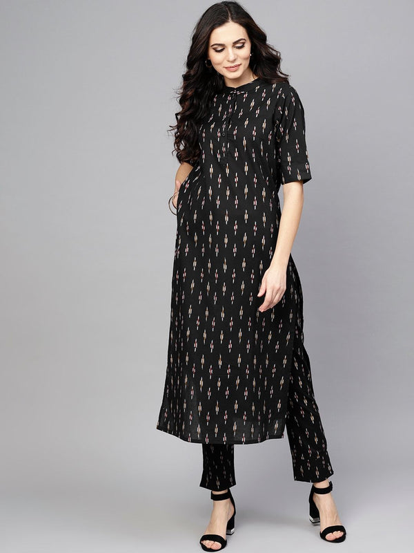 Women's  Black Printed Kurta with Trousers - AKS