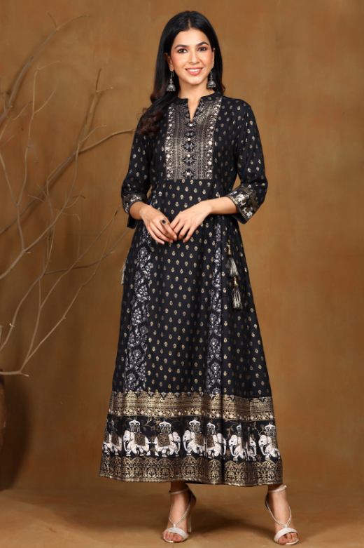 Women's Black Rayon Printed Anarkali Dress - Juniper