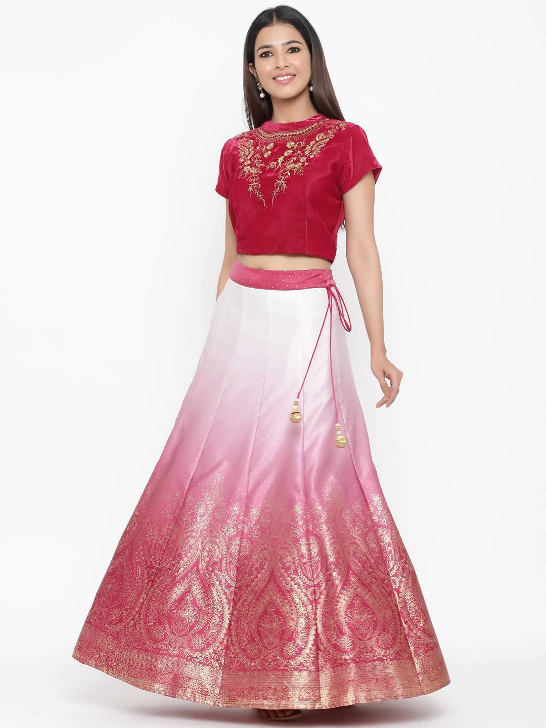 Women's Wine Velvet & Dull Satin Embroidered Lehenga Choli - Juniper