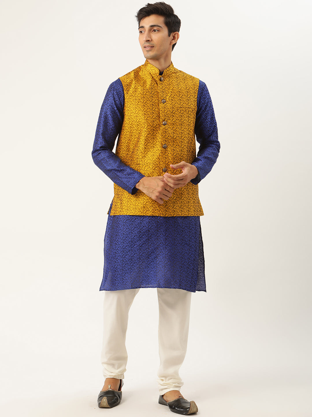 Sojanya Men's Jacquard Silk Royalblue Kurta & Mustard Nehrujacket With Offwhite Pyjama Combo - Sojanya