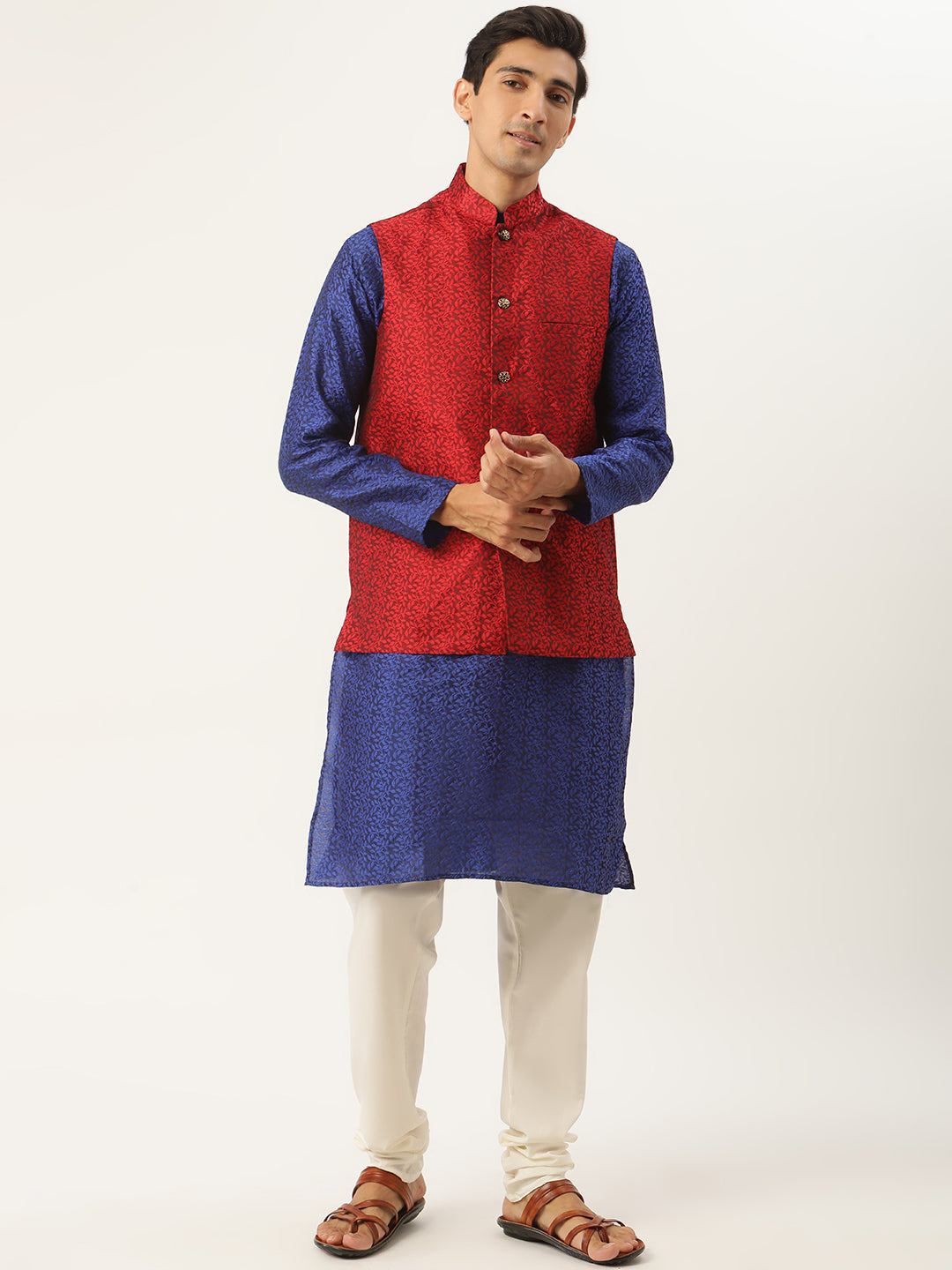 Sojanya Men's Jacquard Silk Royalblue Kurta & Maroon Nehrujacket With Offwhite Pyjama Combo - Sojanya