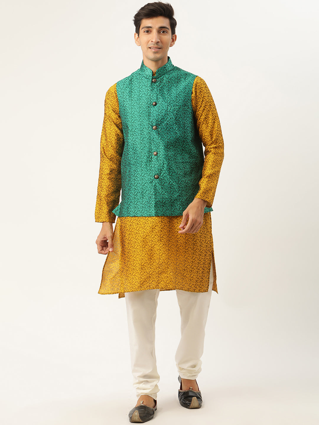 Sojanya Men's Jacquard Silk Mustard Kurta & Darkgreen Nehrujacket With Offwhite Pyjama Combo - Sojanya