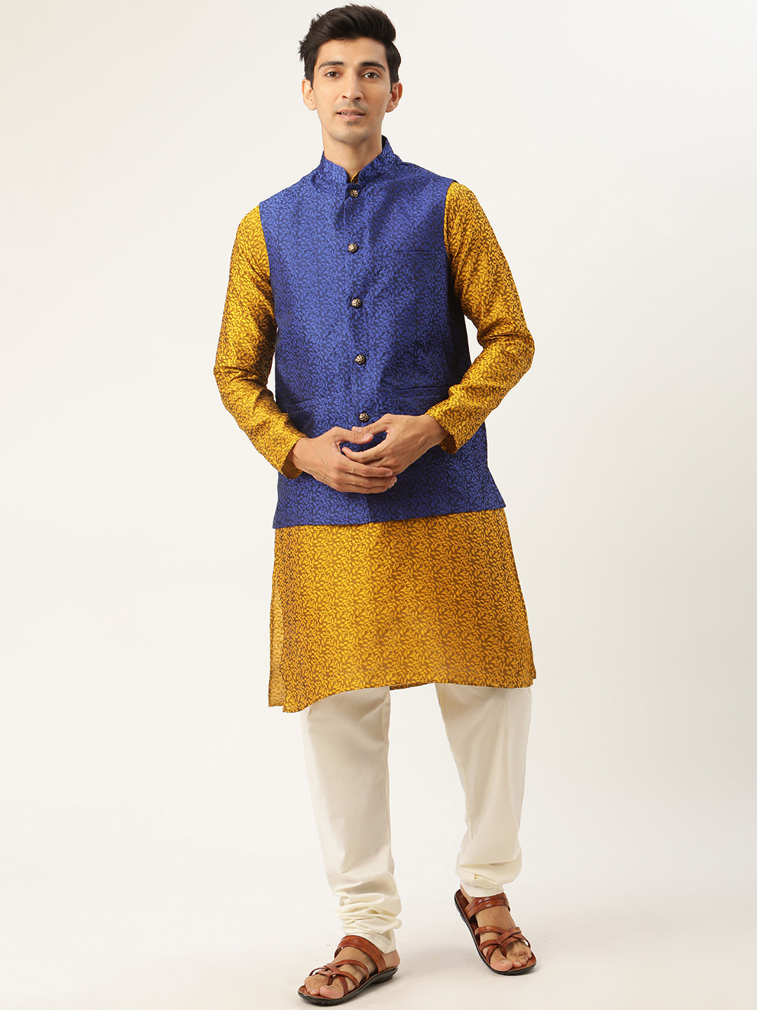 Sojanya Men's Jacquard Silk Mustard Kurta & Royalblue Nehrujacket With Offwhite Pyjama Combo - Sojanya