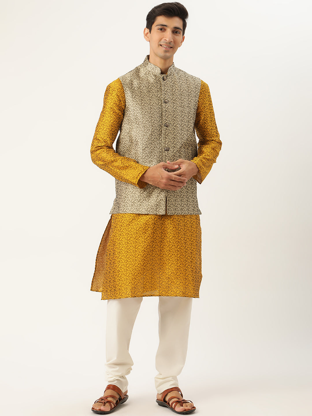 Sojanya Men's Jacquard Silk Mustard Kurta & Gold Nehrujacket With Offwhite Pyjama Combo - Sojanya