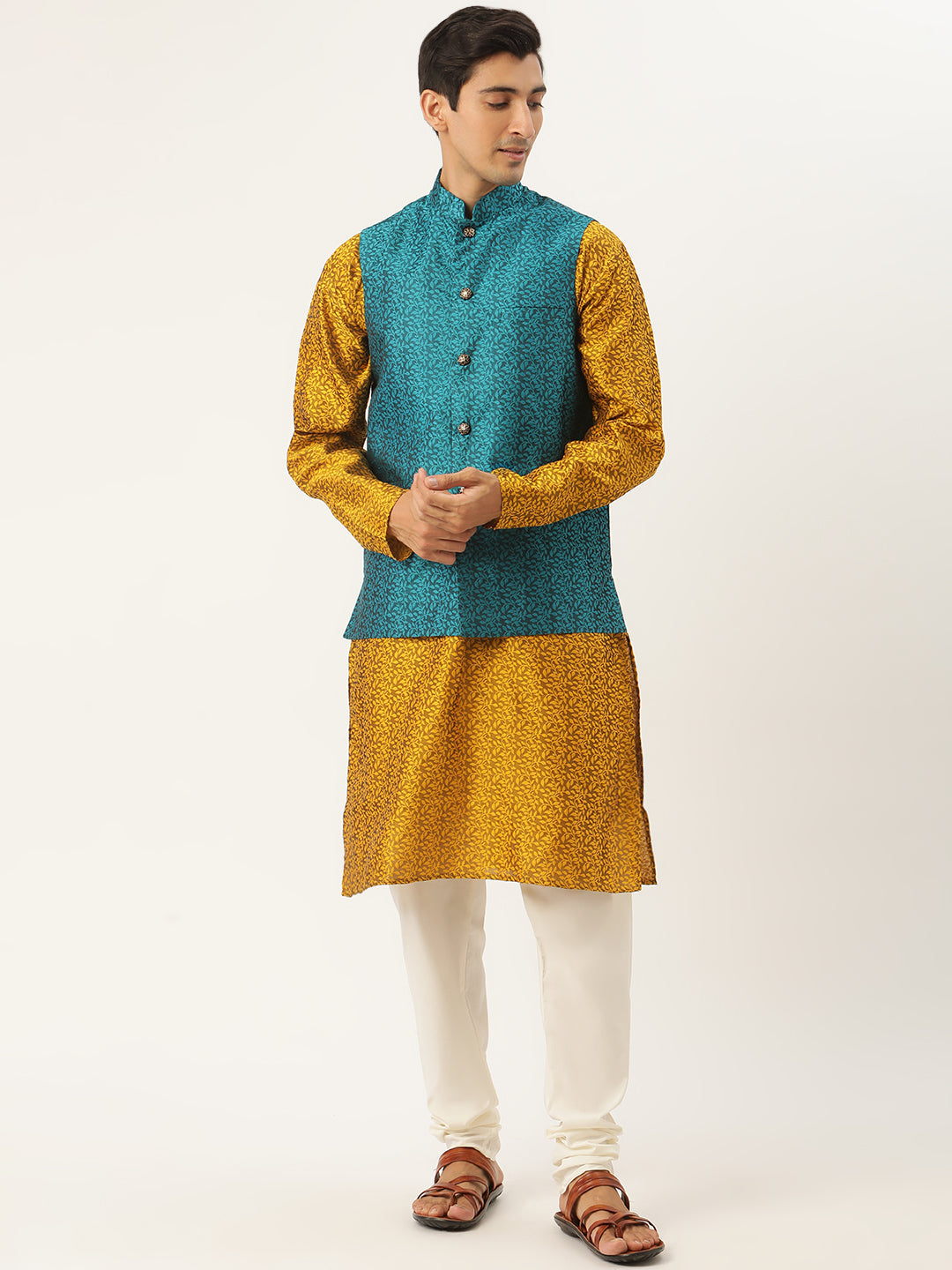 Sojanya Men's Jacquard Silk Mustard Kurta & Tealblue Nehrujacket With Offwhite Pyjama Combo - Sojanya