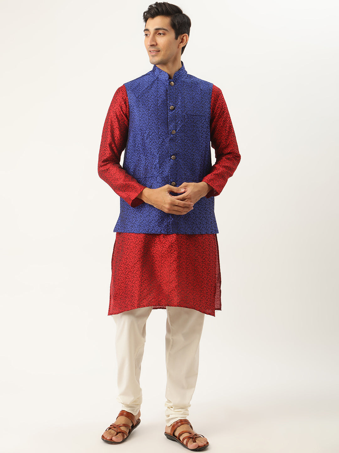 Sojanya Men's Jacquard Silk Maroon Kurta & Mustard Nehrujacket With Offwhite Pyjama Combo - Sojanya