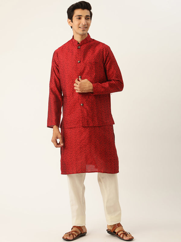 Sojanya Men's Jacquard Silk Maroon Kurta & Nehrujacket With Off White Pyjama Combo - Sojanya