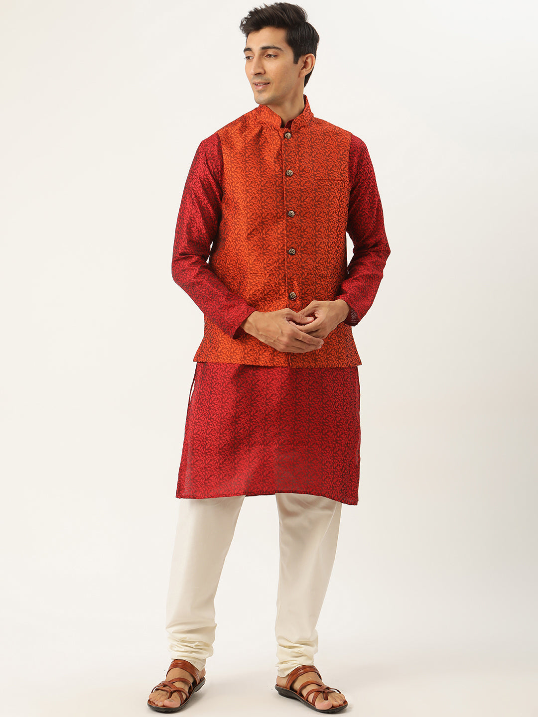 Sojanya Men's Jacquard Silk Maroon Kurta & Orange Nehrujacket With Offwhite Pyjama Combo - Sojanya