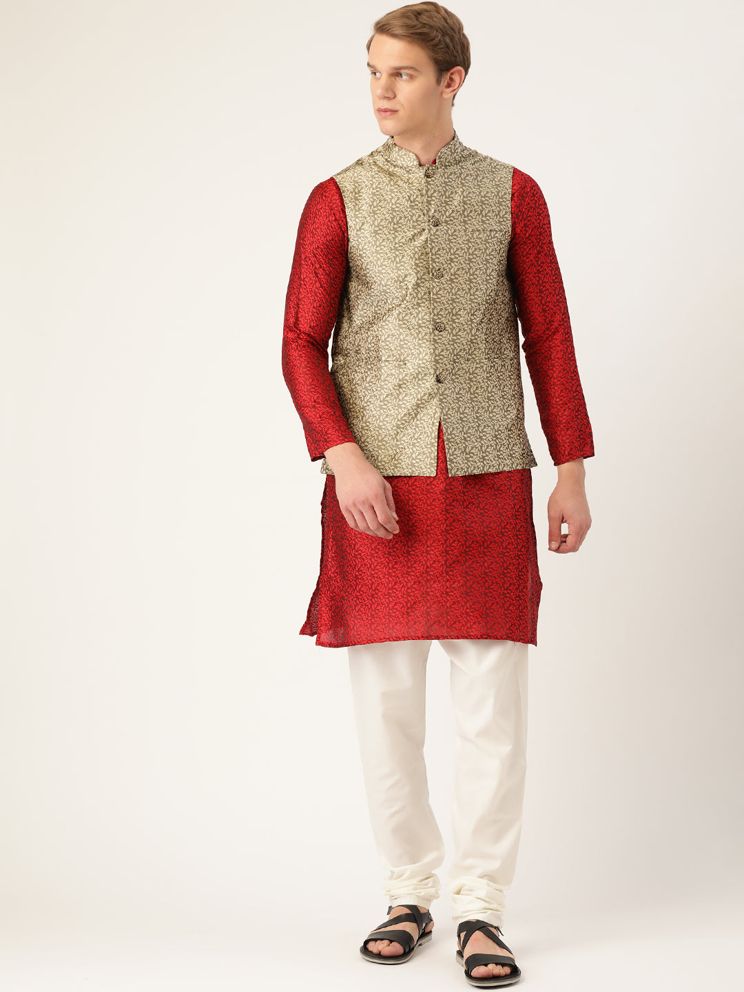 Sojanya Men's Jacquard Silk Maroon Kurta & Gold Nehrujacket With Offwhite Pyjama Combo - Sojanya