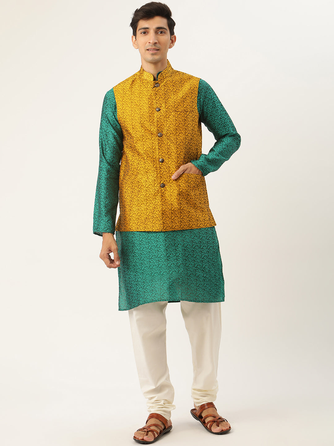 Sojanya Men's Jacquard Silk Darkgreen Kurta & Mustard Nehrujacket With Offwhite Pyjama Combo - Sojanya