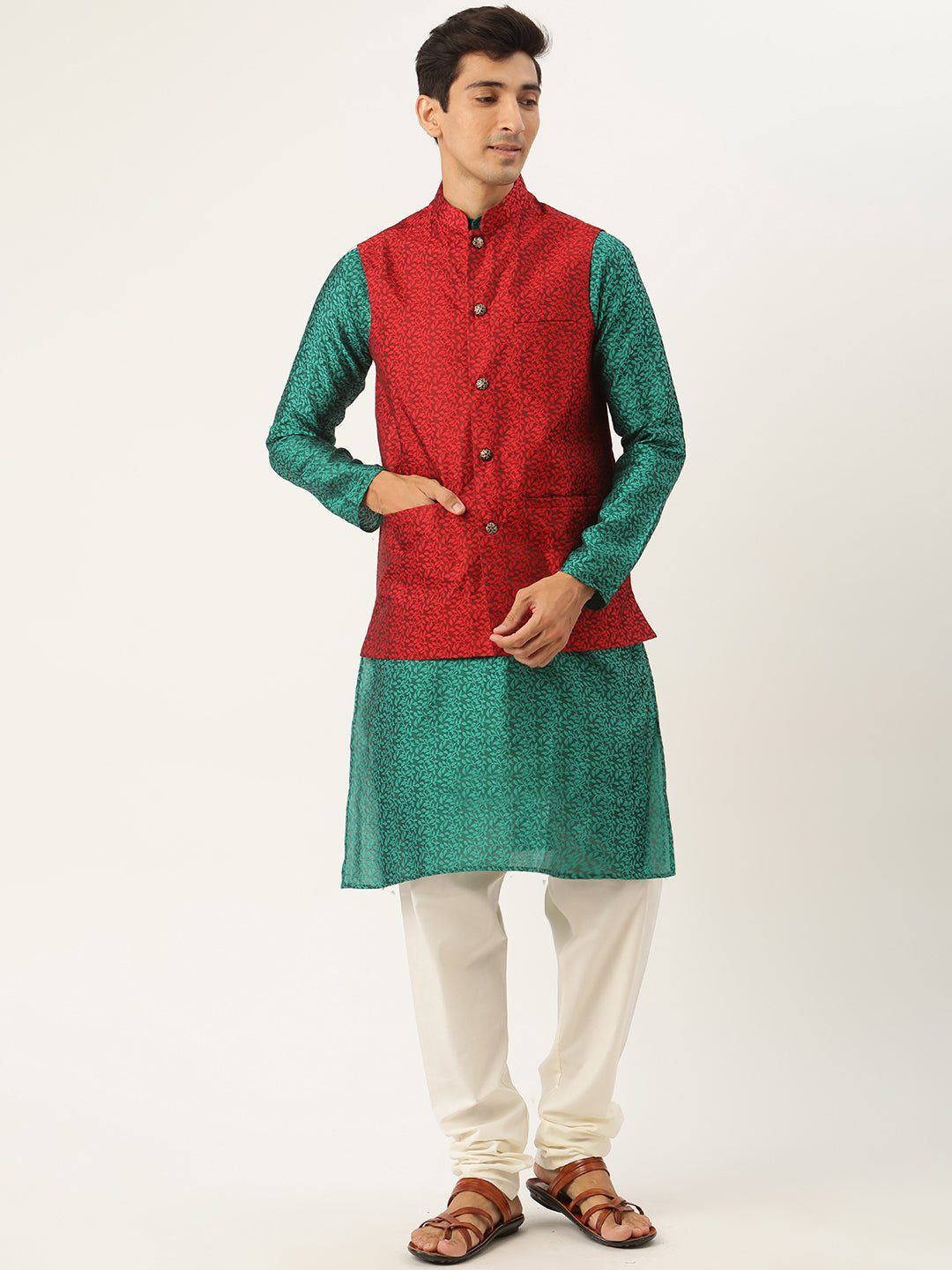 Sojanya Men's Jacquard Silk Darkgreen Kurta & Maroon Nehrujacket With Offwhite Pyjama Combo - Sojanya