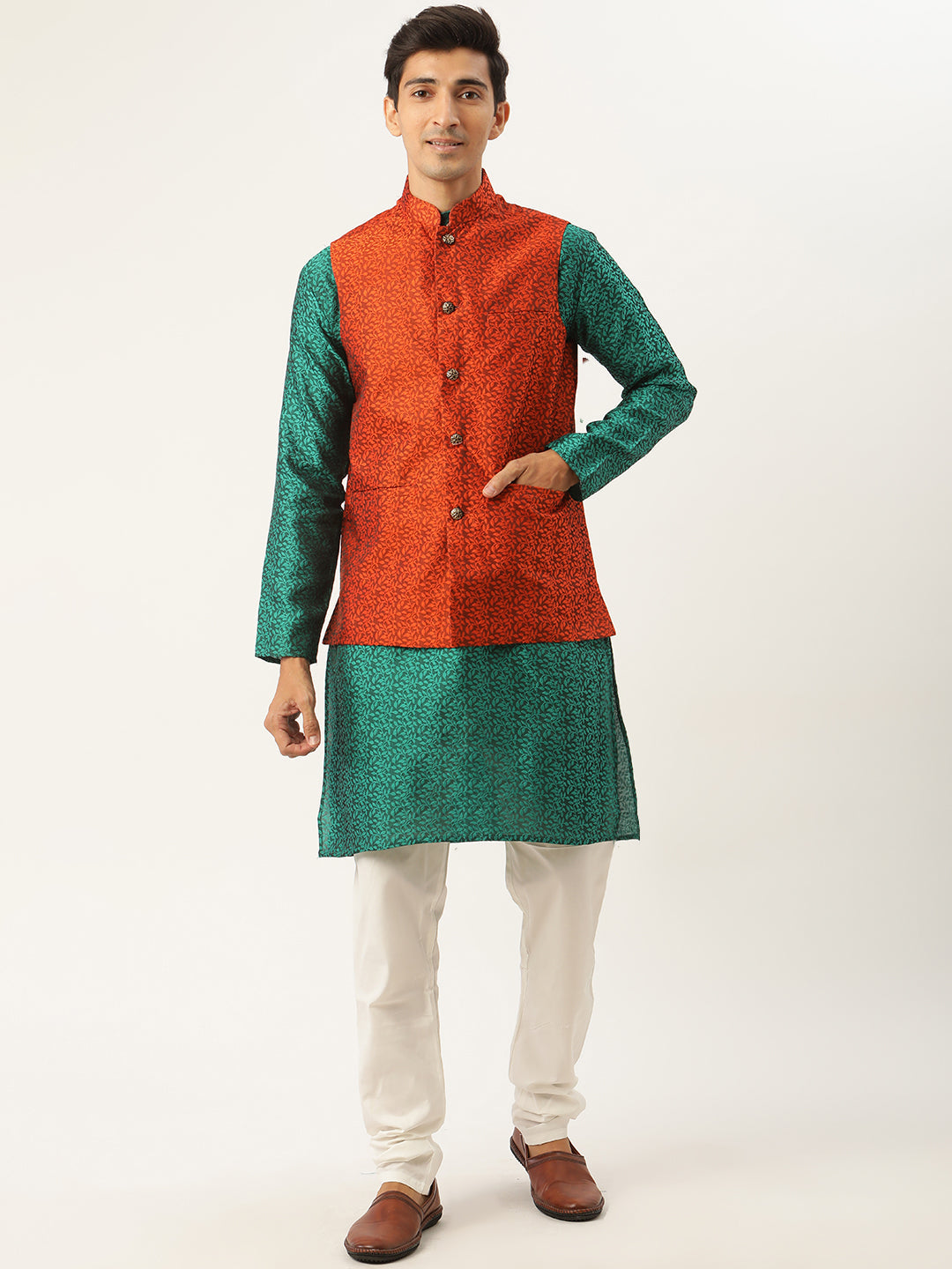 Sojanya Men's Jacquard Silk Darkgreen Kurta & Orange Nehrujacket With Offwhite Pyjama Combo - Sojanya