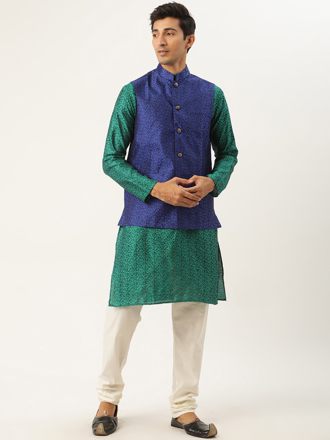 Sojanya Men's Jacquard Silk Darkgreen Kurta & Royalblue Nehrujacket With Offwhite Pyjama Combo - Sojanya