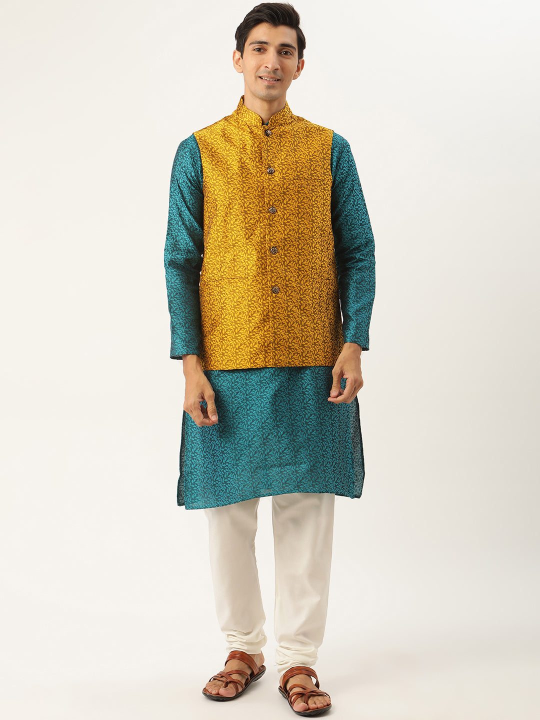 Sojanya Men's Jacquard Silk Teal Green Kurta & Mustard Nehrujacket With Offwhite Pyjama Combo - Sojanya