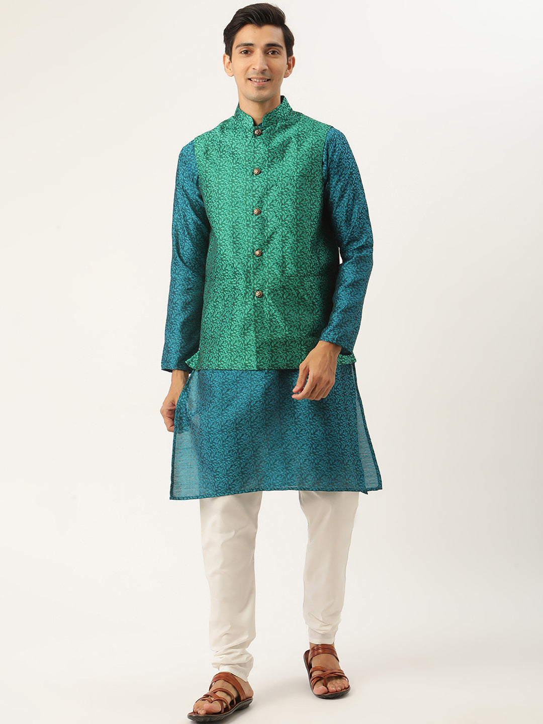 Sojanya Men's Jacquard Silk Teal Green Kurta & Darkgreen Nehrujacket With Offwhite Pyjama Combo - Sojanya