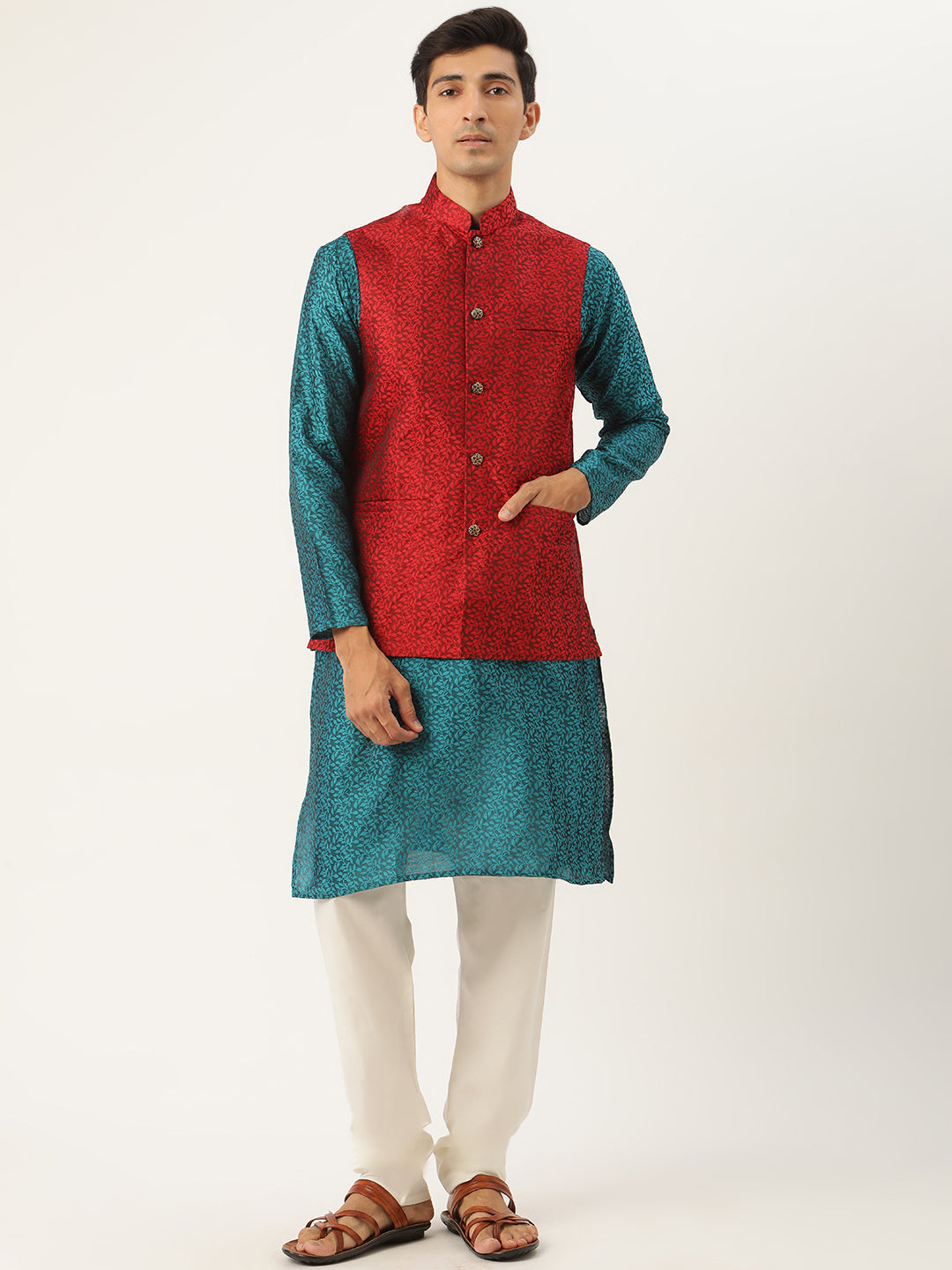 Sojanya Men's Jacquard Silk Teal Green Kurta & Maroon Nehrujacket With Offwhite Pyjama Combo - Sojanya