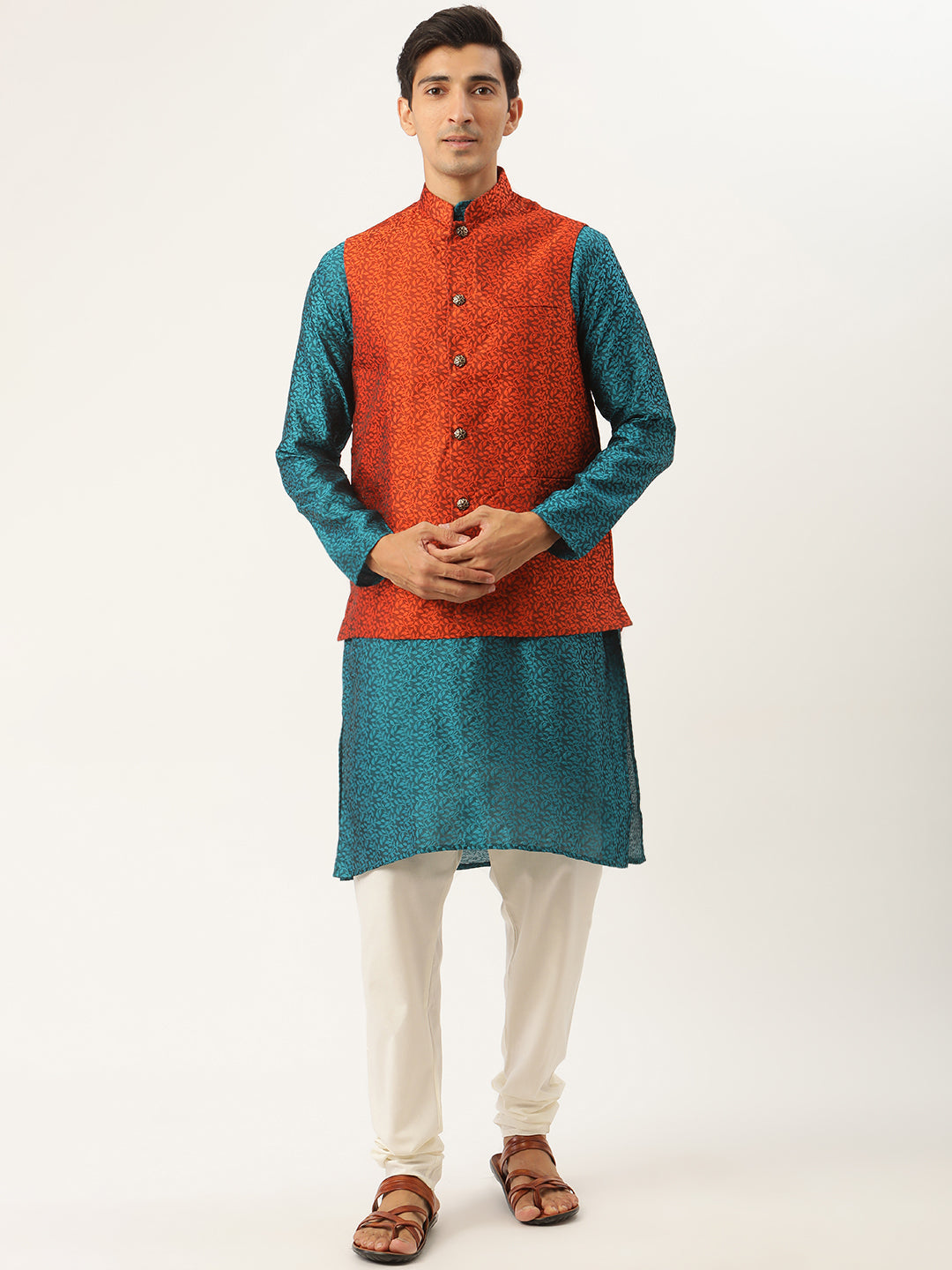 Sojanya Men's Jacquard Silk Teal Green Kurta & Royalblue Nehrujacket With Offwhite Pyjama Combo - Sojanya