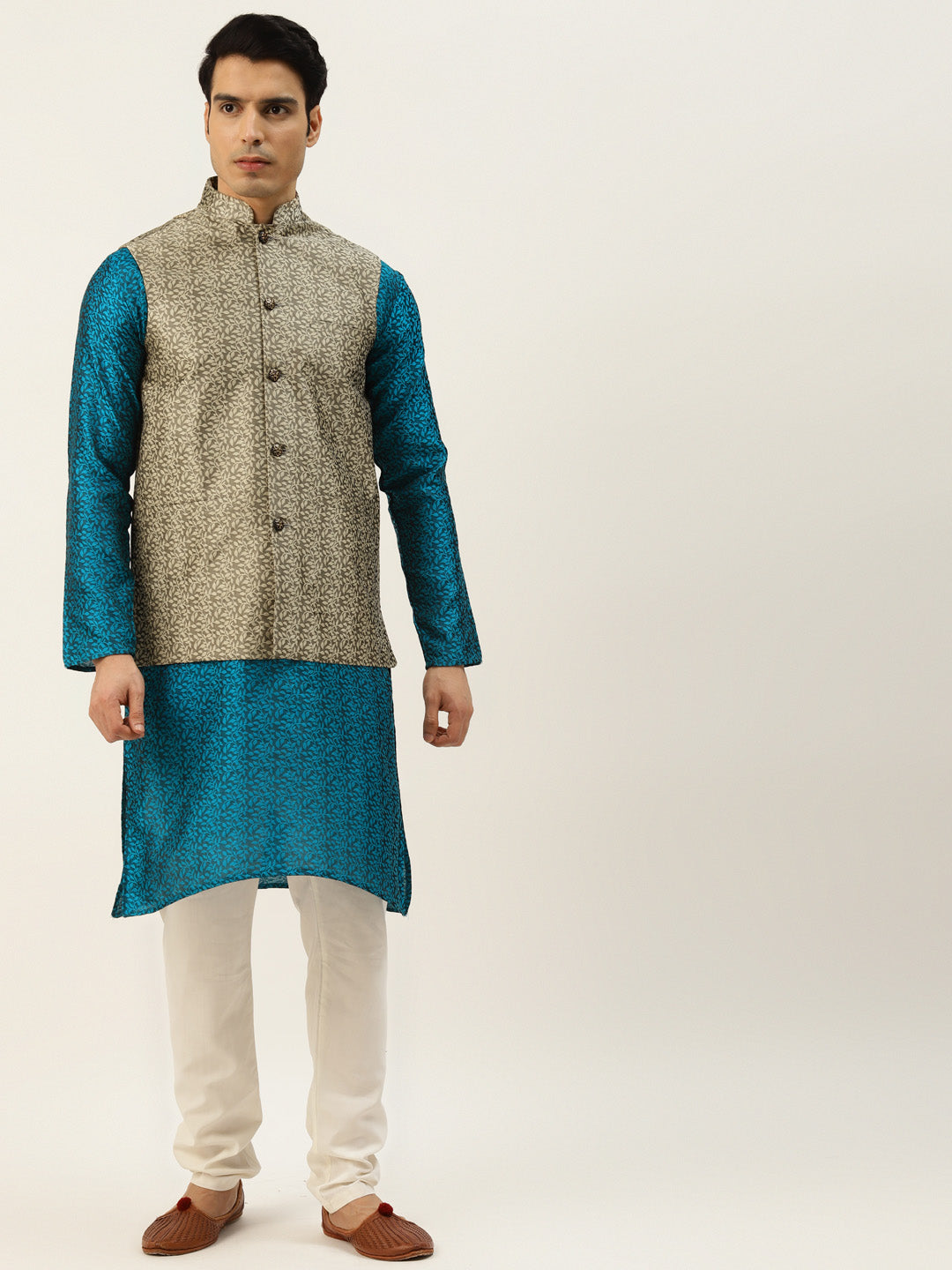 Sojanya Men's Jacquard Silk Teal Green Kurta & Gold Nehrujacket With Offwhite Pyjama Combo - Sojanya