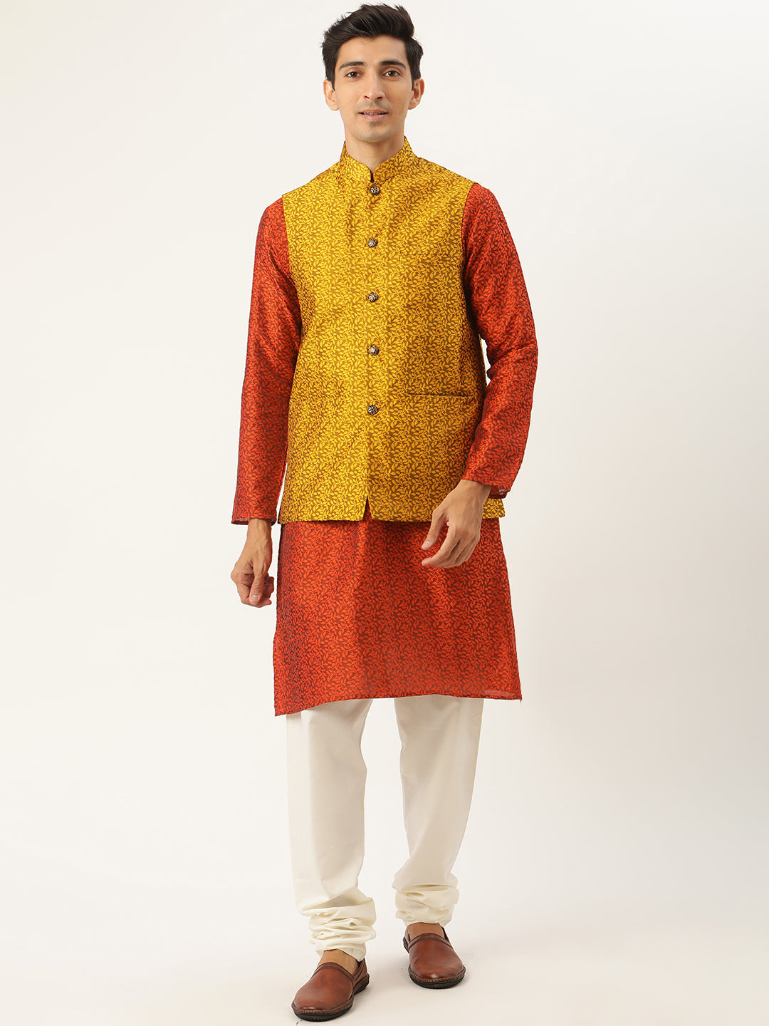 Sojanya Men's Jacquard Silk Orange Kurta & Mustard Nehrujacket With Offwhite Pyjama Combo - Sojanya