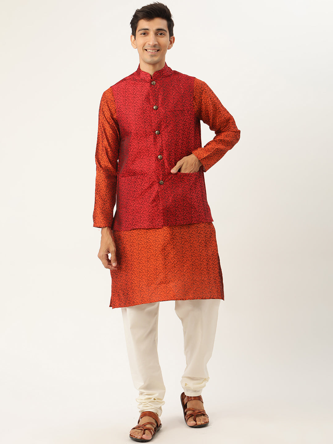 Sojanya Men's Jacquard Silk Orange Kurta & Maroon Nehrujacket With Offwhite Pyjama Combo - Sojanya