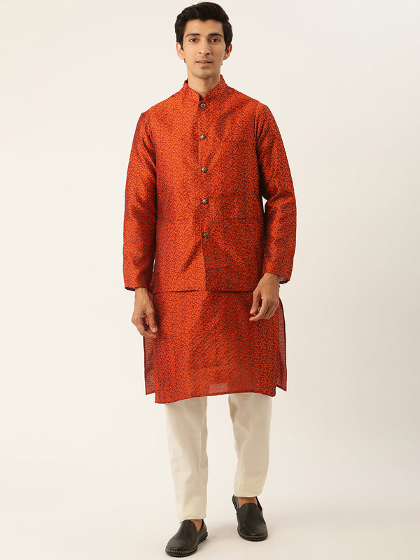 Sojanya Men's Jacquard Silk Orange Kurta & Nehrujacket With Off White Pyjama Combo - Sojanya