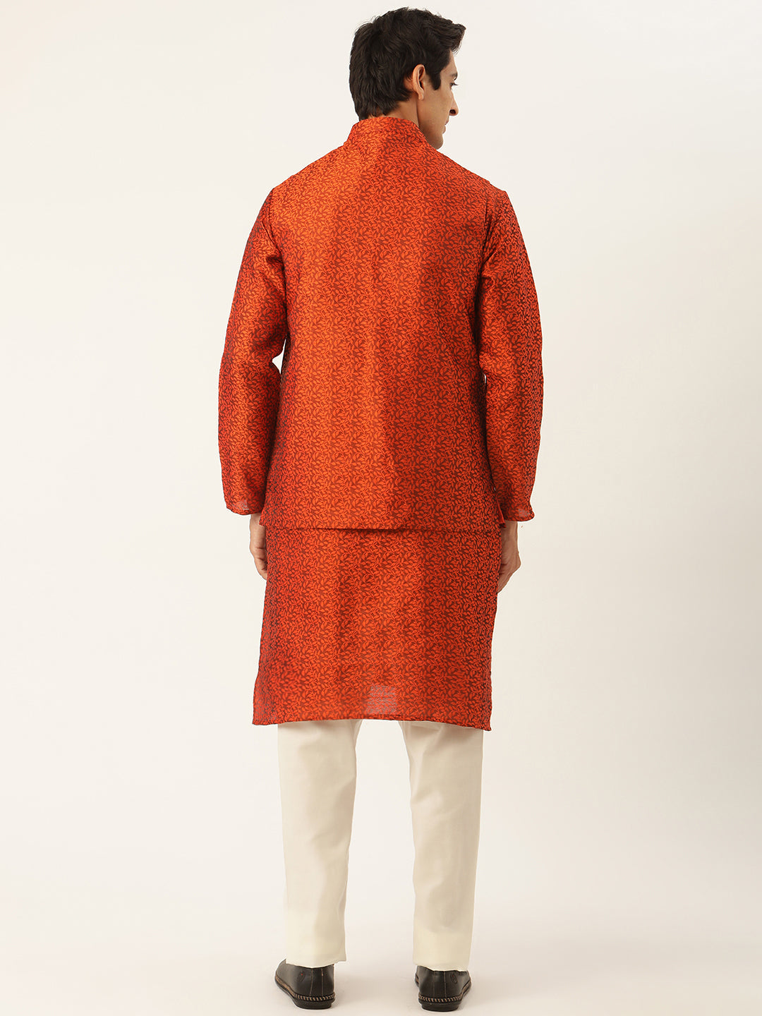 Sojanya Men's Jacquard Silk Orange Kurta & Nehrujacket With Off White Pyjama Combo - Sojanya