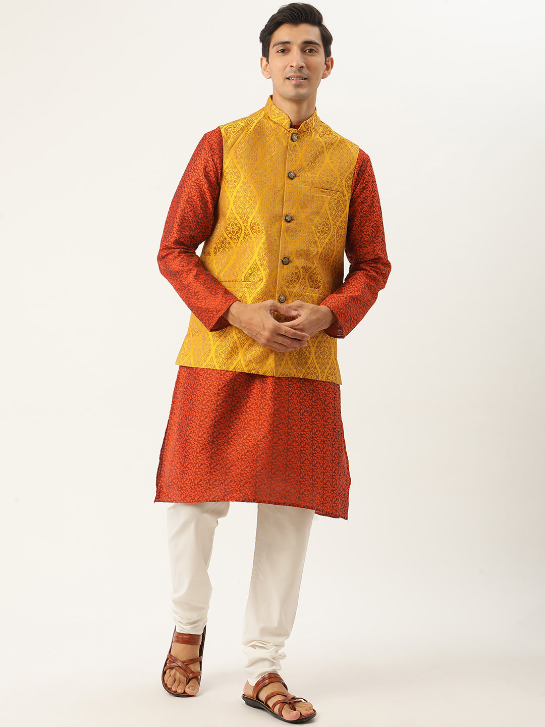 Sojanya Men's Jacquard Silk Orange Kurta & Gold Nehrujacket With Offwhite Pyjama Combo - Sojanya