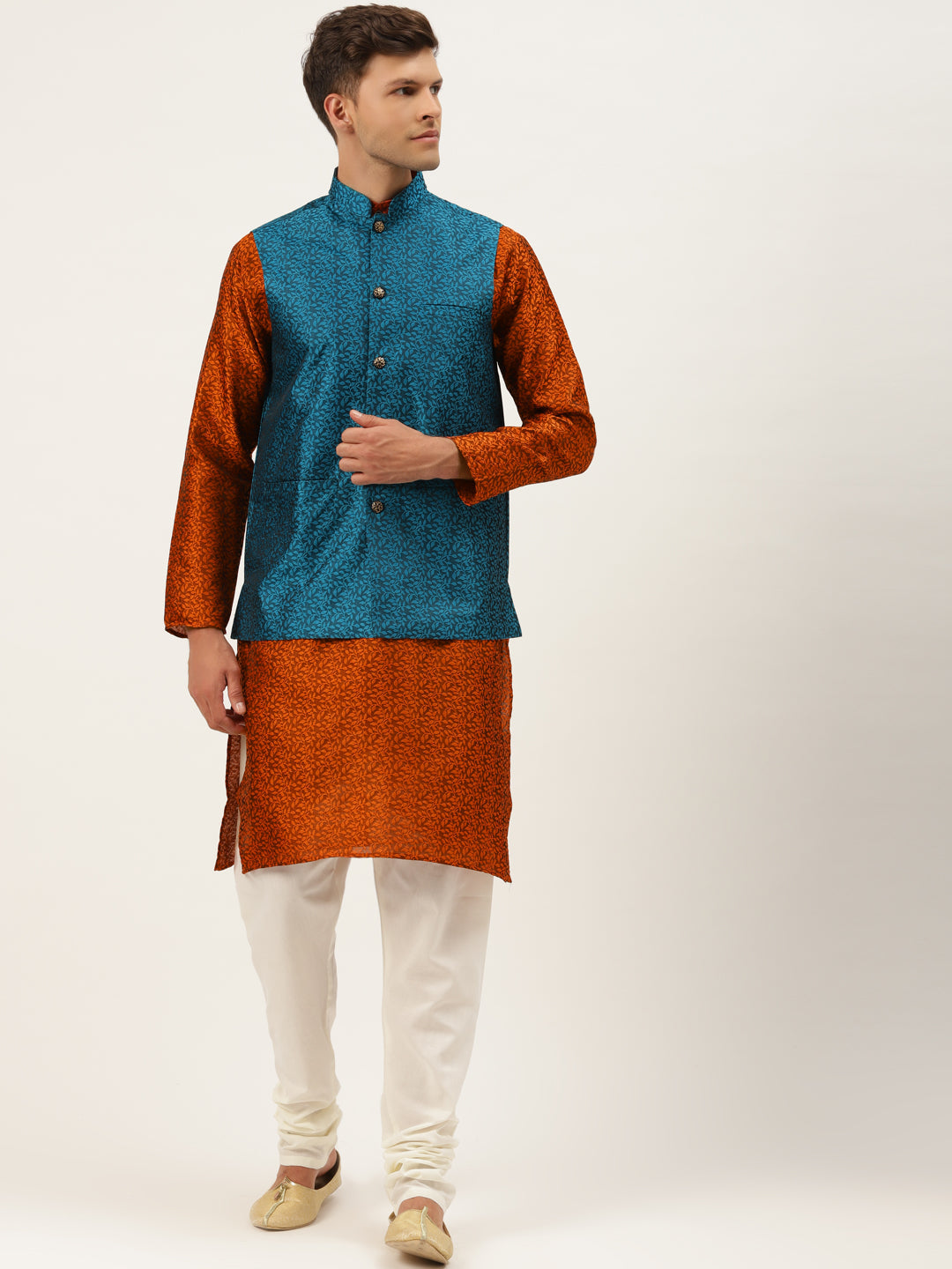 Sojanya Men's Jacquard Silk Orange Kurta & Nehrujacket With Offwhite Pyjama Combo - Sojanya