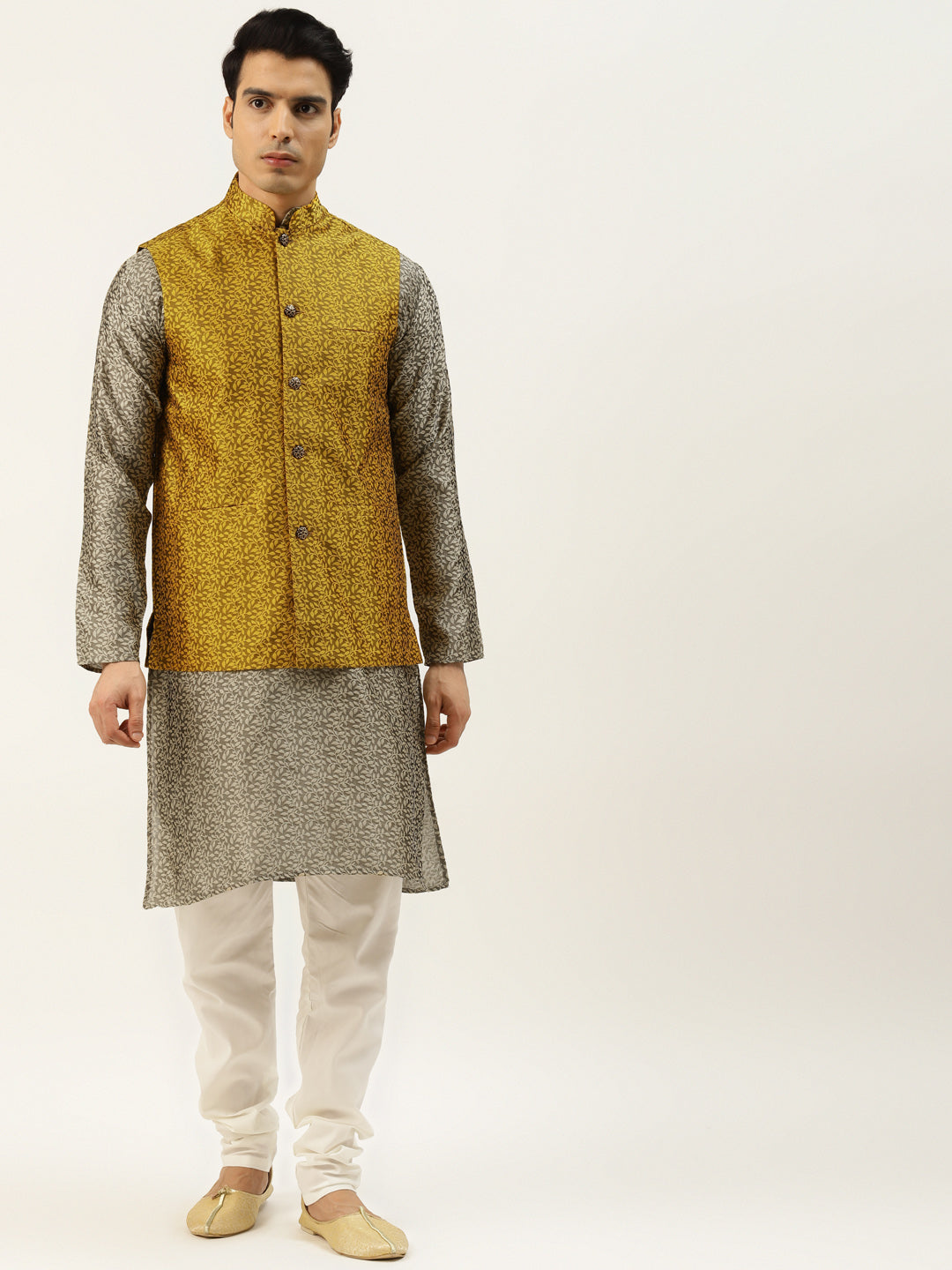 Sojanya Men's Jacquard Silk Beige Kurta & Mustard Nehrujacket With Offwhite Pyjama Combo - Sojanya