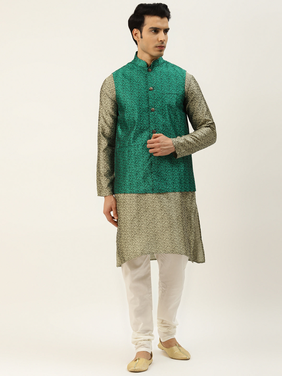 Sojanya Men's Jacquard Silk Beige Kurta & Darkgreen Nehrujacket With Offwhite Pyjama Combo - Sojanya