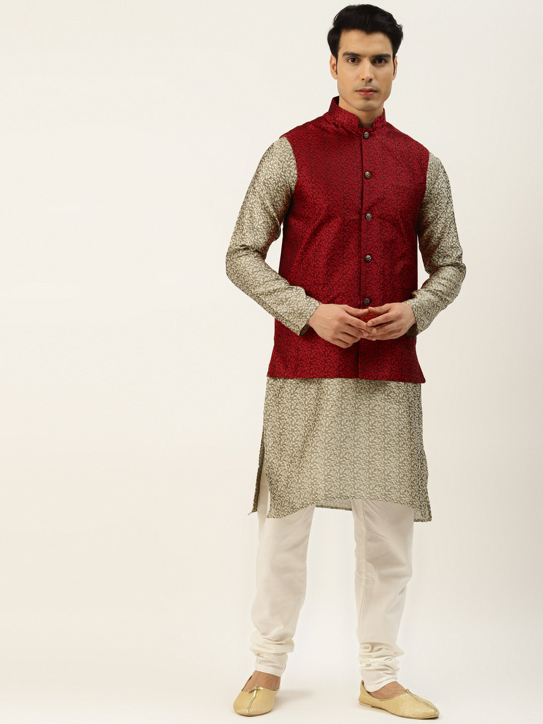 Sojanya Men's Jacquard Silk Beige Kurta & Maroon Nehrujacket With Offwhite Pyjama Combo - Sojanya